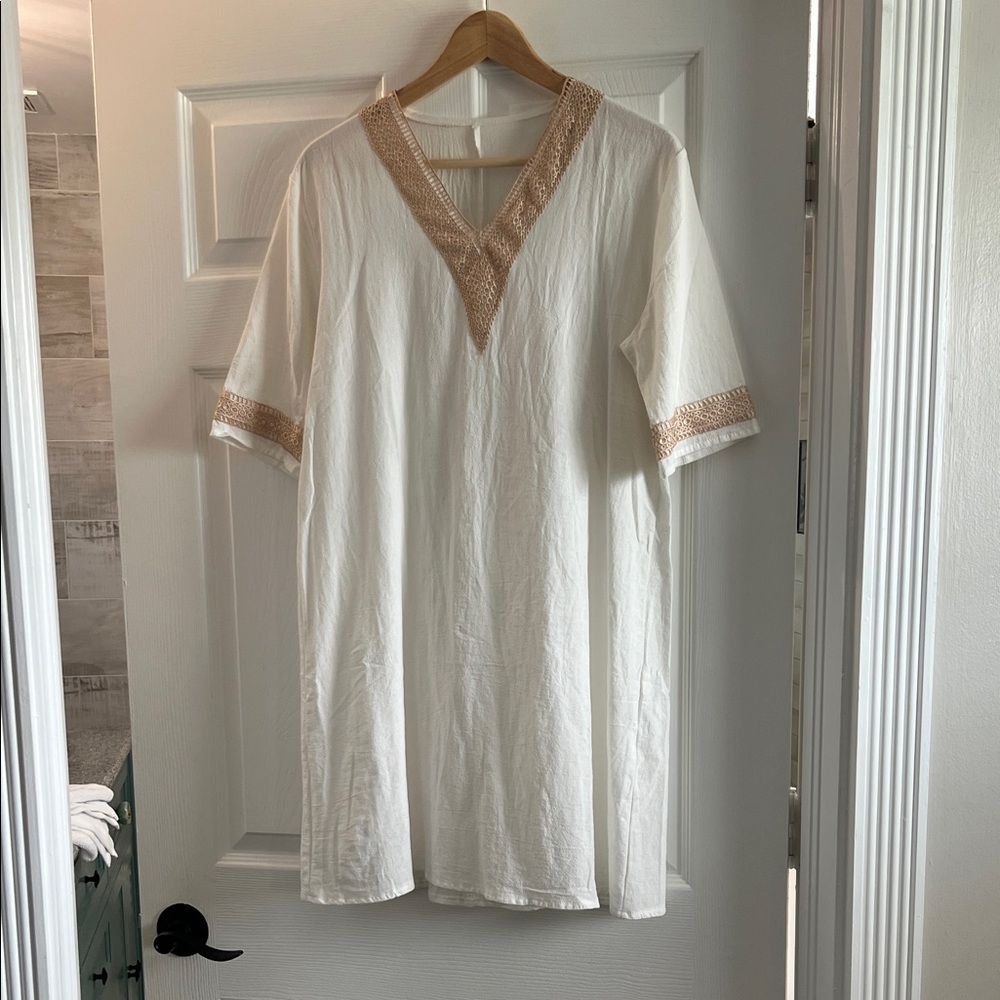 Elegant White Midi Dress with Tan Accents
